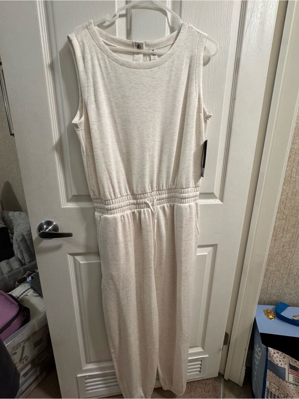 Velocity Sleeveless Cream Jumpsuit with Elastic Waist